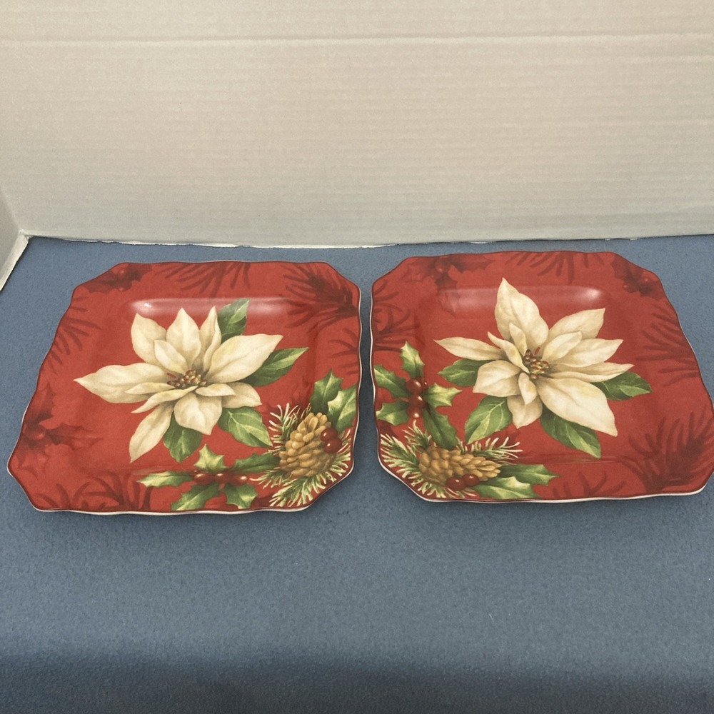PTS International 222 Fifth Poinsettia Holly Square Salad Plates - Set of 2